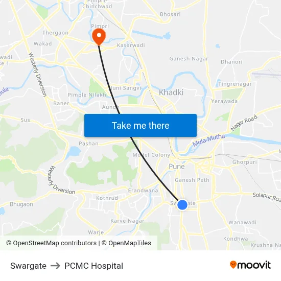 Swargate to PCMC Hospital map