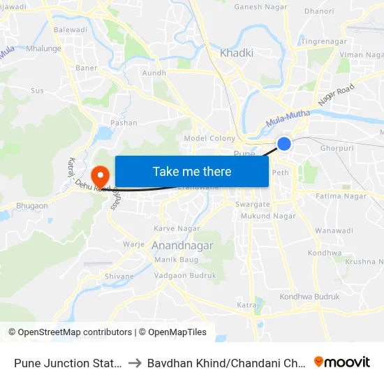 Pune Junction Station to Bavdhan Khind/Chandani Chowk map