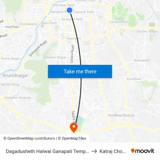 दगडूशेठ हलवाई गणपति मंदिर to Katraj Chowk map