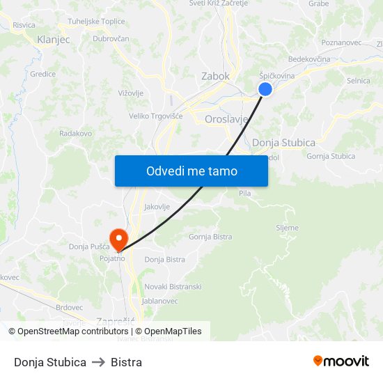 Donja Stubica to Bistra map