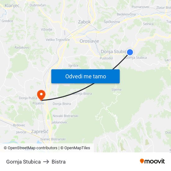 Gornja Stubica to Bistra map