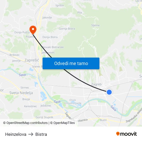 Heinzelova to Bistra map