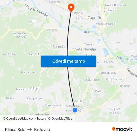 Klinca Sela to Brdovec map