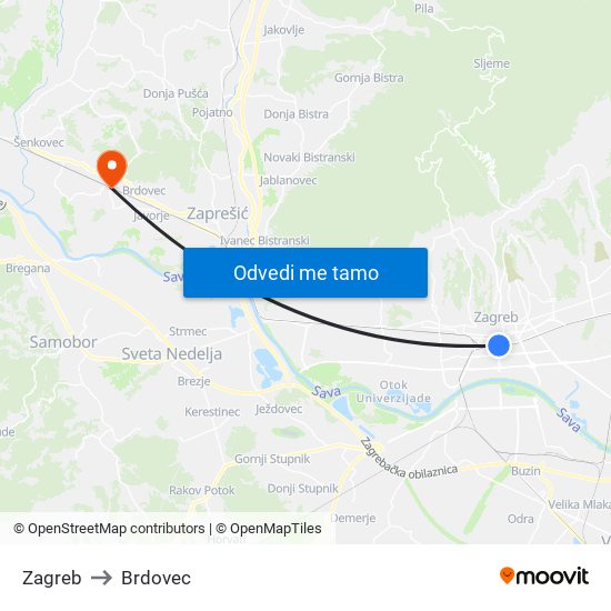 Zagreb to Brdovec map