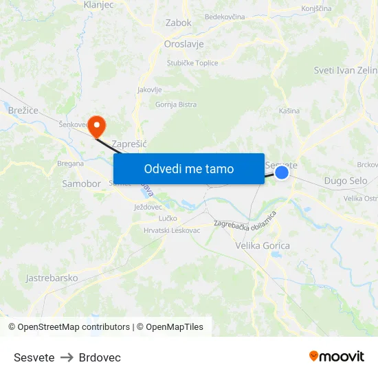 Sesvete to Brdovec map