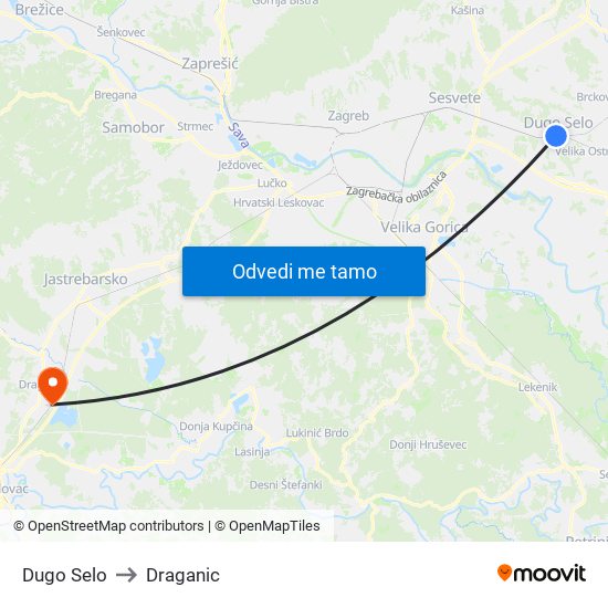 Dugo Selo to Draganic map