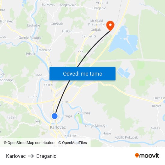 Karlovac to Draganic map