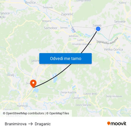 Branimirova to Draganic map