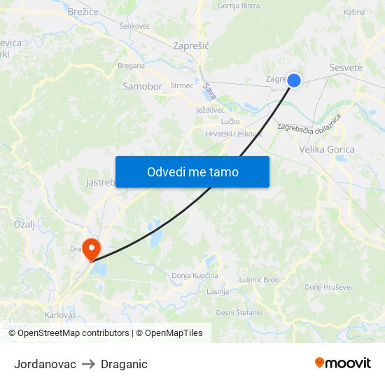 Jordanovac to Draganic map