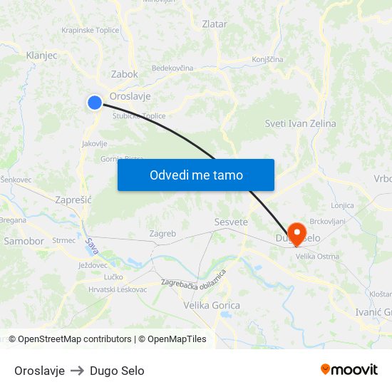 Oroslavje to Dugo Selo map