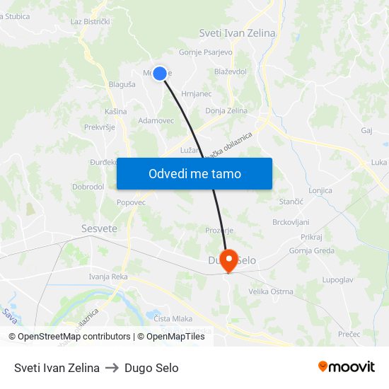 Sveti Ivan Zelina to Dugo Selo map