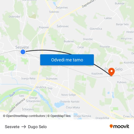 Sesvete to Dugo Selo map