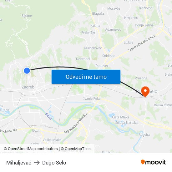 Mihaljevac to Dugo Selo map