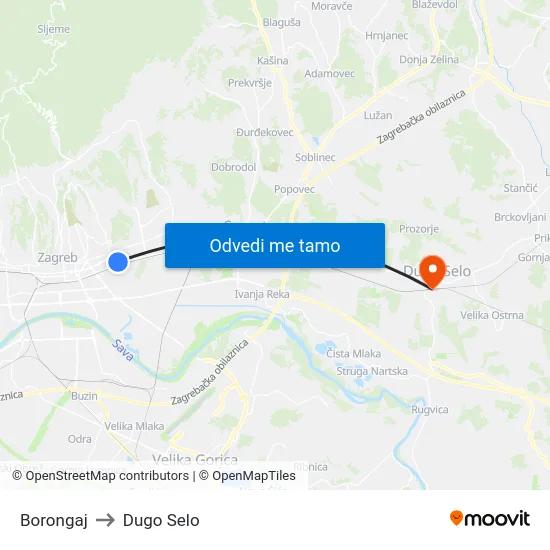 Borongaj to Dugo Selo map