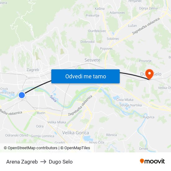 Arena Zagreb to Dugo Selo map