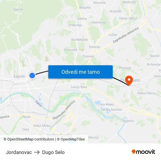 Jordanovac to Dugo Selo map