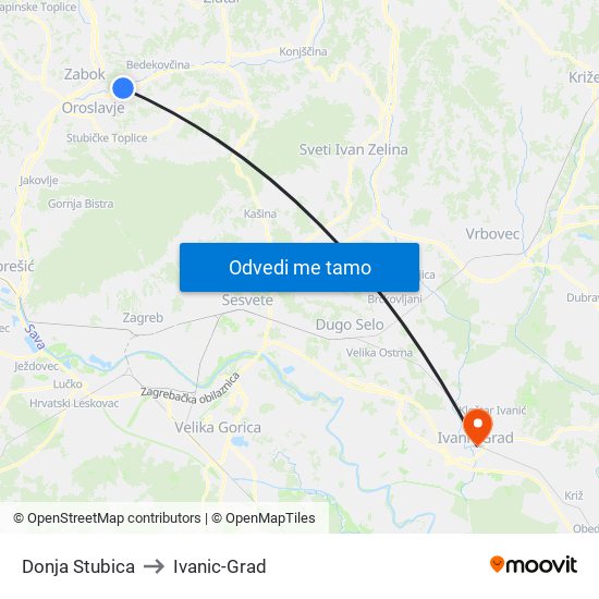 Donja Stubica to Ivanic-Grad map