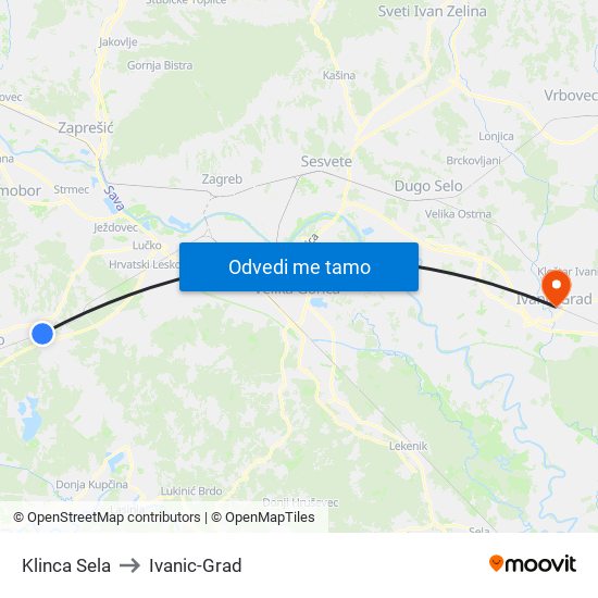 Klinca Sela to Ivanic-Grad map