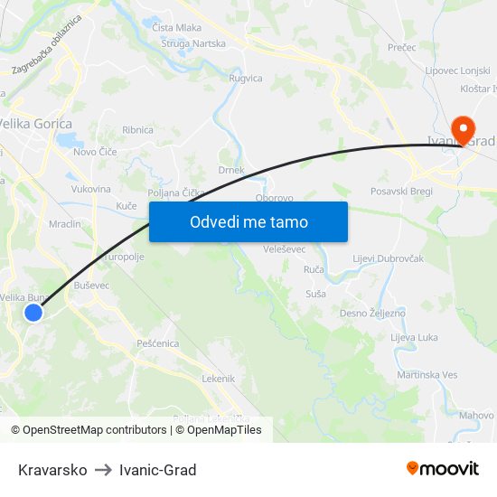 Kravarsko to Ivanic-Grad map