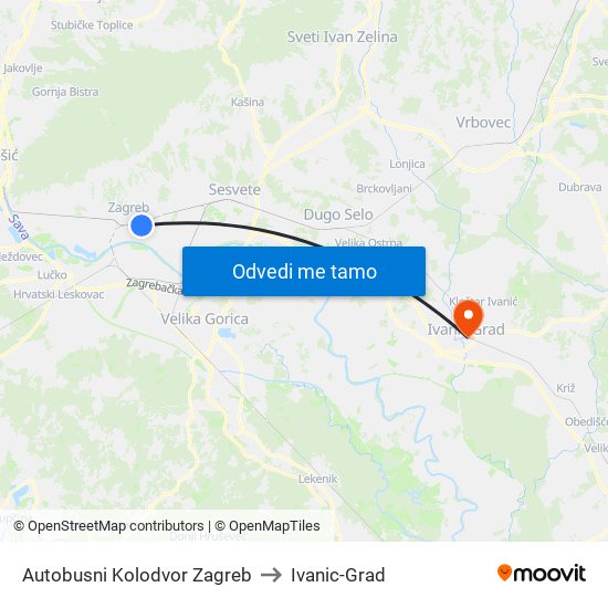 Autobusni Kolodvor Zagreb to Ivanic-Grad map