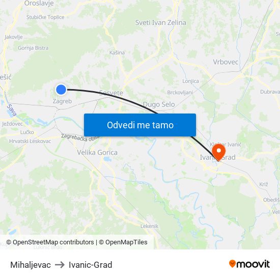 Mihaljevac to Ivanic-Grad map