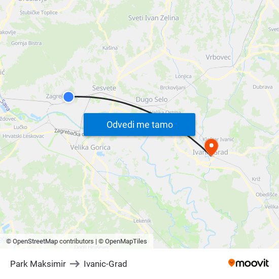 Park Maksimir to Ivanic-Grad map