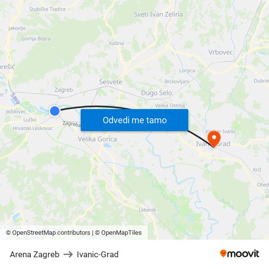 Arena Zagreb to Ivanic-Grad map