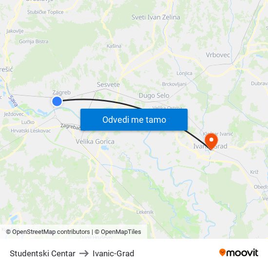 Studentski Centar to Ivanic-Grad map