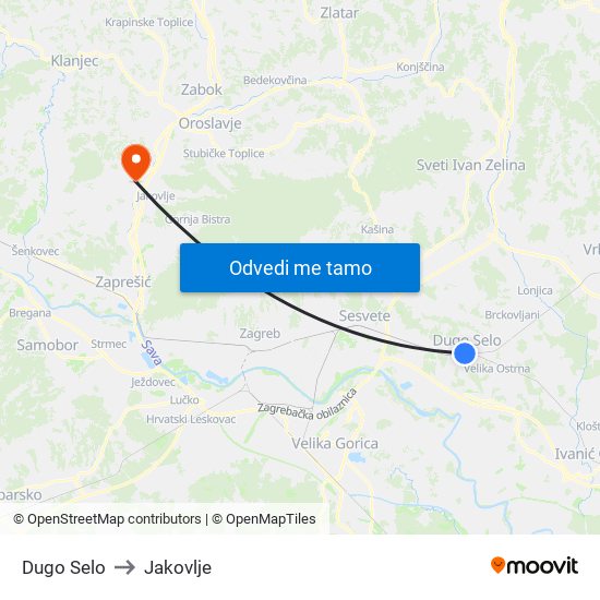 Dugo Selo to Jakovlje map