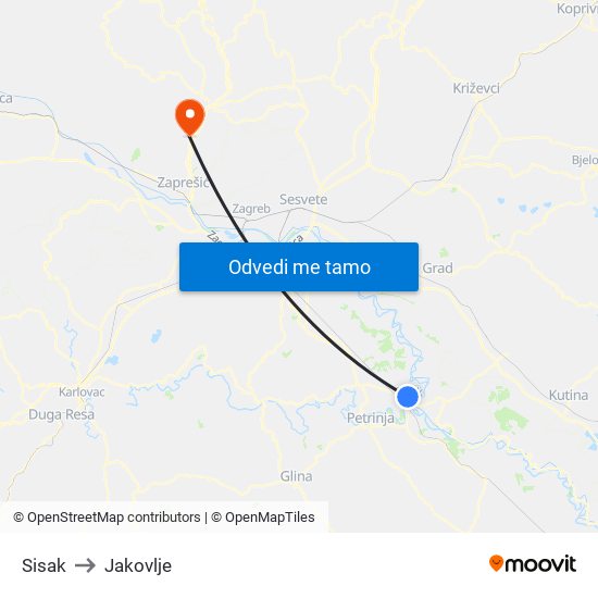 Sisak to Jakovlje map