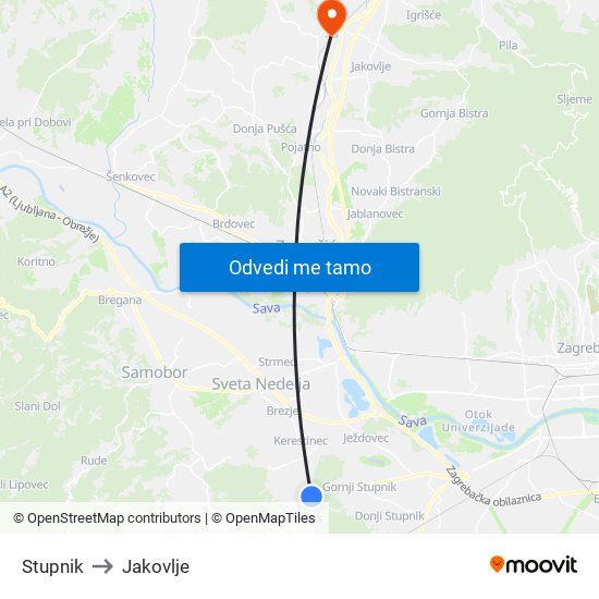 Stupnik to Jakovlje map