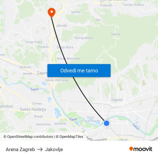 Arena Zagreb to Jakovlje map