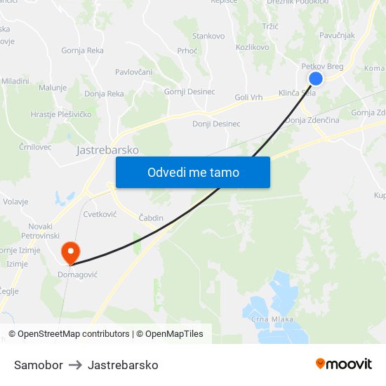 Samobor to Jastrebarsko map