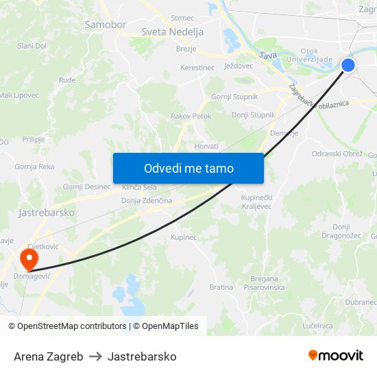Arena Zagreb to Jastrebarsko map