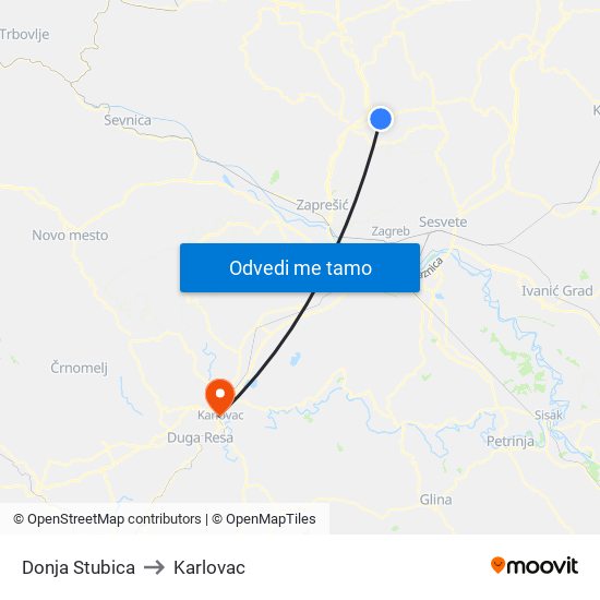 Donja Stubica to Karlovac map