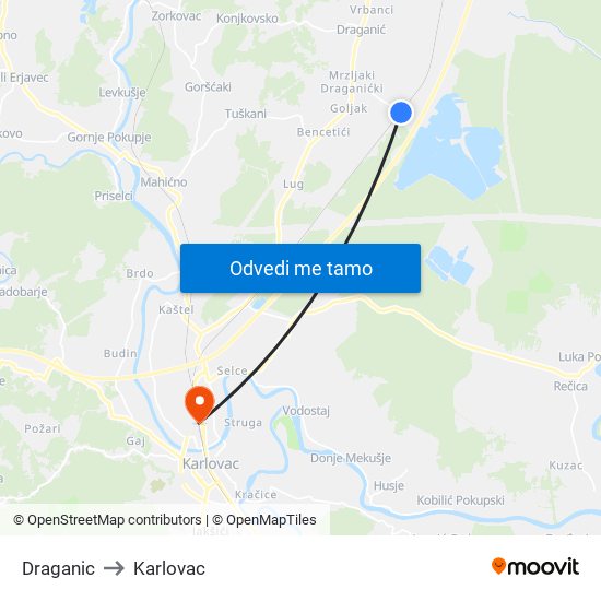 Draganic to Karlovac map