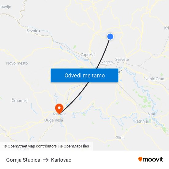 Gornja Stubica to Karlovac map