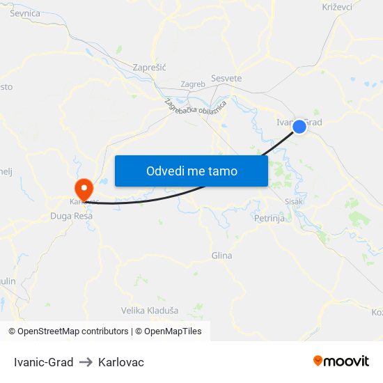 Ivanic-Grad to Karlovac map