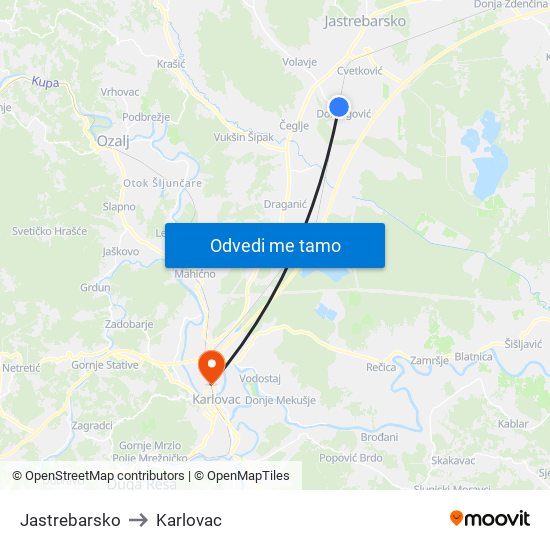 Jastrebarsko to Karlovac map