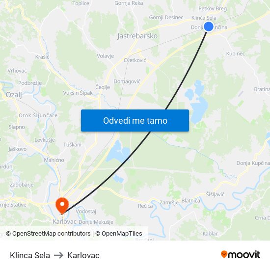 Klinca Sela to Karlovac map