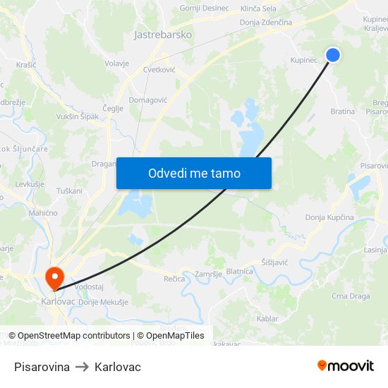 Pisarovina to Karlovac map