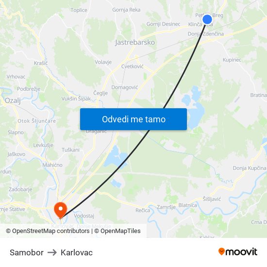 Samobor to Karlovac map