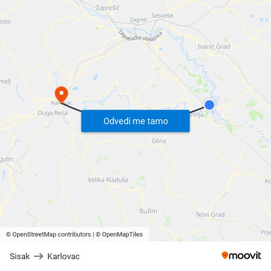 Sisak to Karlovac map