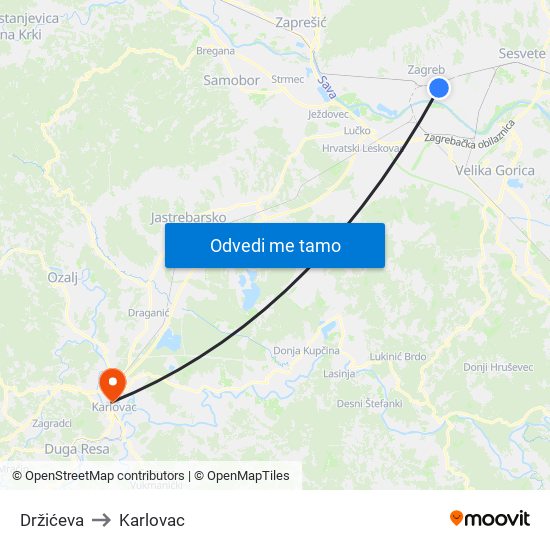 Držićeva to Karlovac map