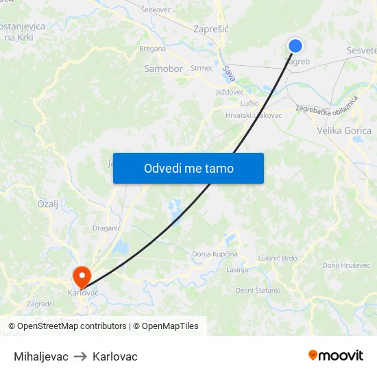 Mihaljevac to Karlovac map