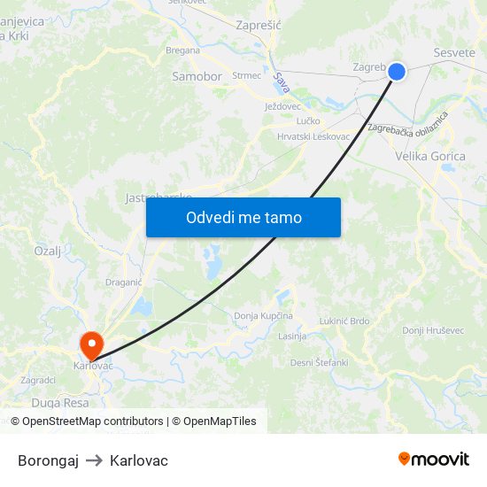 Borongaj to Karlovac map