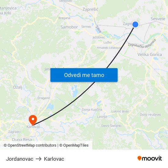 Jordanovac to Karlovac map