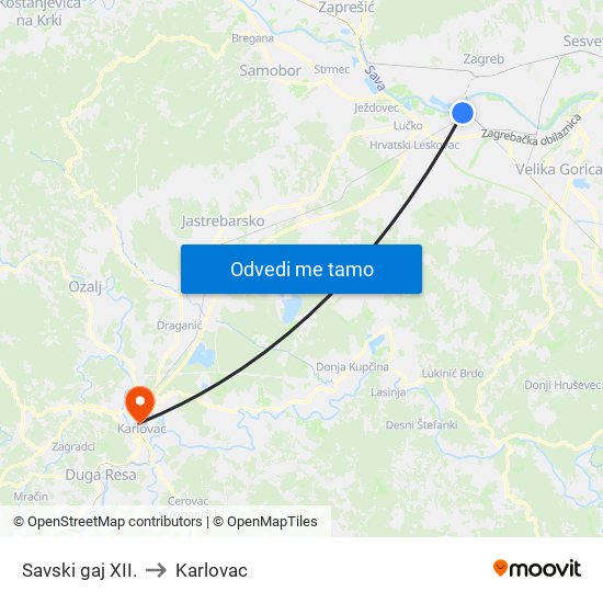 Savski gaj XII. to Karlovac map