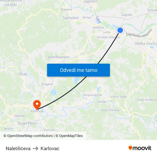 Naletilićeva to Karlovac map