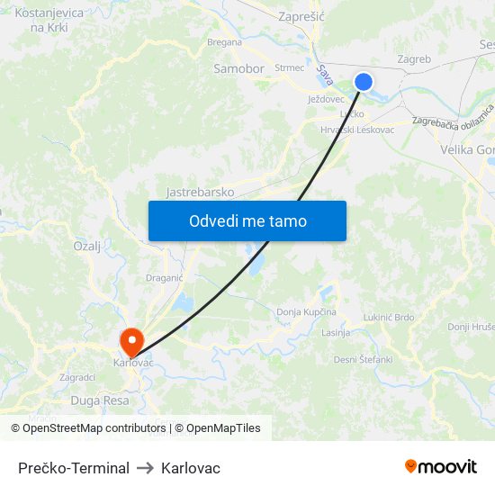 Prečko-Terminal to Karlovac map